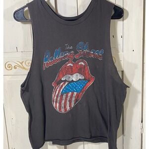 The Rolling Stones Graphic Muscle Tank Top Charcoal US Rock Concert Flag Logo L
